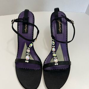 Johnathan Kayne Footwear Open Toe Heels Jeweled Ankle Strap Black/Purple Sz 10.5